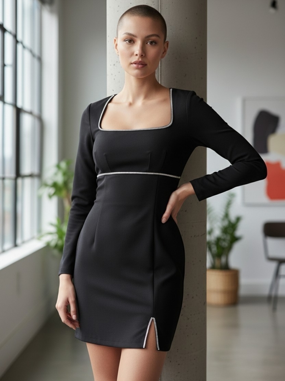 Lulu's Black Square-Neck Long-Sleeve Mini with Rhinestone Trim